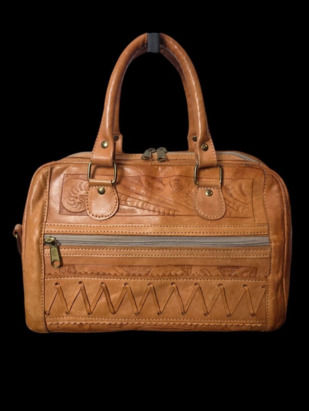 Vintage Hand Tooled Leather Satchel / Doctor Bag Dual Handles Western Southwest